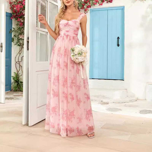 Floral Long Prom Dress Square Neck Pink Maxi Dress Chiffon A Line Dress