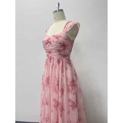 Floral Long Prom Dress Square Neck Pink Maxi Dress Chiffon A Line Dress