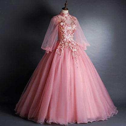 3/4 Sleeves Prom Dress Gown V-Neck Appliqued Quinceanera Dress