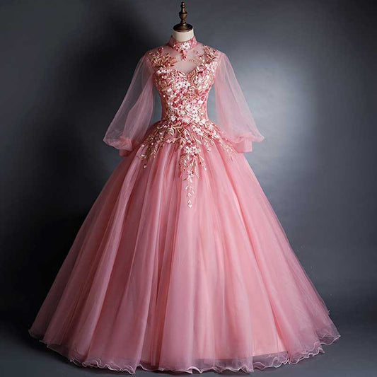 3/4 Sleeves Prom Dress Gown V-Neck Appliqued Quinceanera Dress