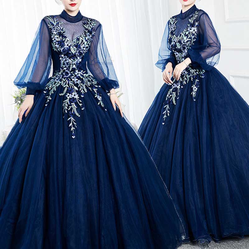 3/4 Sleeves Prom Dress Gown V-Neck Appliqued Quinceanera Dress