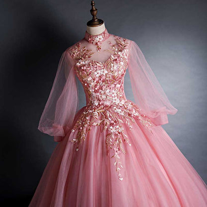 3/4 Sleeves Prom Dress Gown V-Neck Appliqued Quinceanera Dress