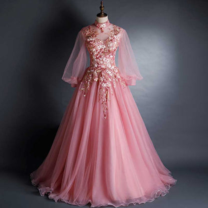3/4 Sleeves Prom Dress Gown V-Neck Appliqued Quinceanera Dress