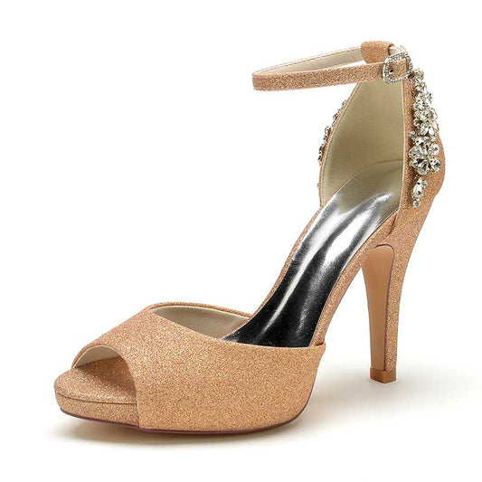3.94" Glitter Pumps Ankle Strap Peep Platform Wedding Shoes With Rhinestones