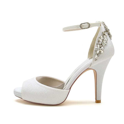 3.94" Glitter Pumps Ankle Strap Peep Platform Wedding Shoes With Rhinestones