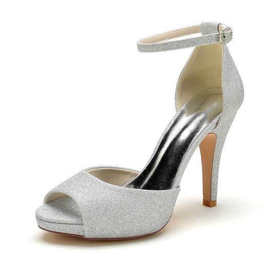 3.94" Glitter Pumps Ankle Strap Peep Platform Wedding Shoes