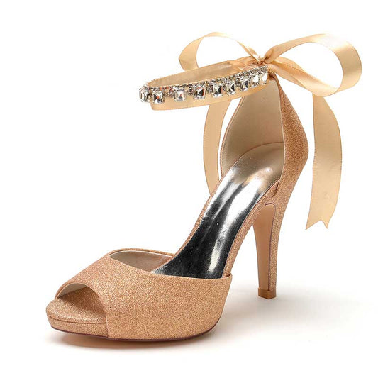 3.94" Glitter Pumps Lace-Up Peep Platform Wedding Shoes With Beads