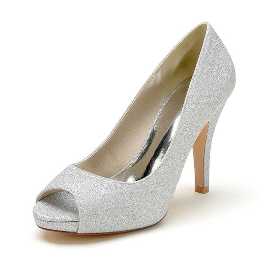 3.94" Glitter Pumps Slip On Peep Platform Wedding Shoes