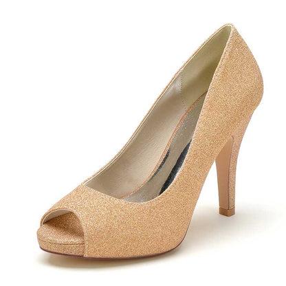 3.94" Glitter Pumps Slip On Peep Platform Wedding Shoes