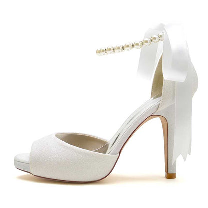 3.94" Glitter Pumps Lace-Up Peep Platform Wedding Shoes With Pearls