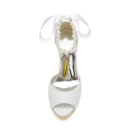 3.94" Glitter Pumps Lace-Up Peep Platform Wedding Shoes With Pearls