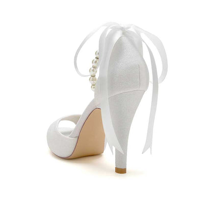 3.94" Glitter Pumps Lace-Up Peep Platform Wedding Shoes With Pearls