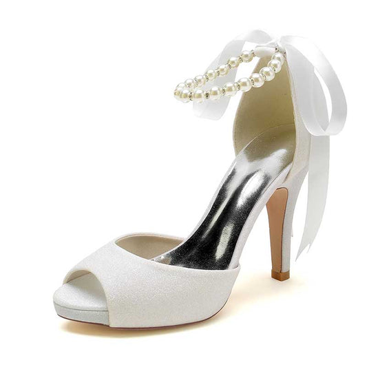 3.94" Glitter Pumps Lace-Up Peep Platform Wedding Shoes With Pearls
