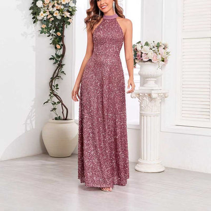 Halter Neck Sequin Wedding Guest Dress Dusty Rose Long Evening Dress