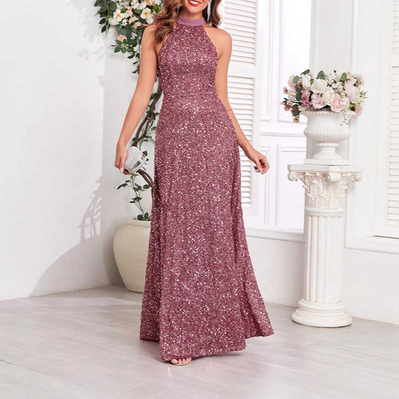 Halter Neck Sequin Wedding Guest Dress Dusty Rose Long Evening Dress