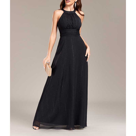 Halter Neck Wedding Guest Dress Black Long Evening Dress Maxi Prom