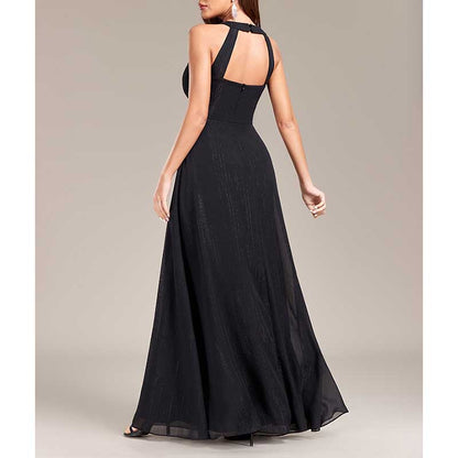 Halter Neck Wedding Guest Dress Black Long Evening Dress Maxi Prom