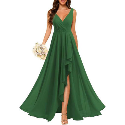 Hi-Lo V Neck Bridesmaid Dresses A-line Formal Evening Gowns with Pockets