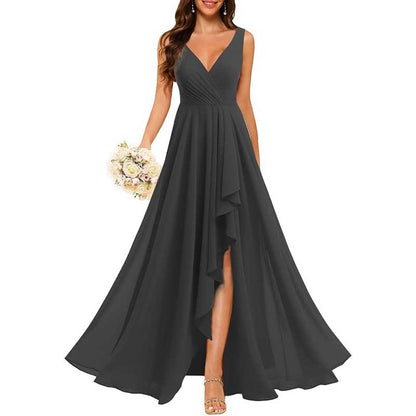 Hi-Lo V Neck Bridesmaid Dresses A-line Formal Evening Gowns with Pockets