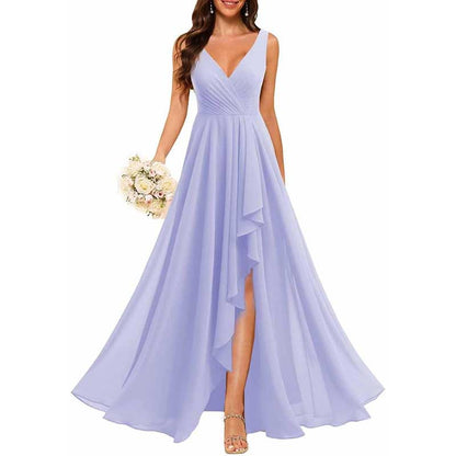 Hi-Lo V Neck Bridesmaid Dresses A-line Formal Evening Gowns with Pockets