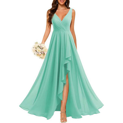 Hi-Lo V Neck Bridesmaid Dresses A-line Formal Evening Gowns with Pockets