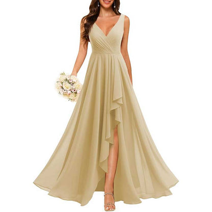 Hi-Lo V Neck Bridesmaid Dresses A-line Formal Evening Gowns with Pockets