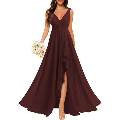 Hi-Lo V Neck Bridesmaid Dresses A-line Formal Evening Gowns with Pockets