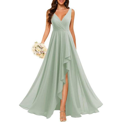 Hi-Lo V Neck Bridesmaid Dresses A-line Formal Evening Gowns with Pockets