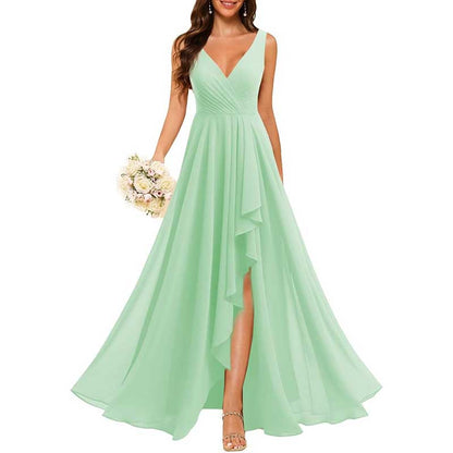 Hi-Lo V Neck Bridesmaid Dresses A-line Formal Evening Gowns with Pockets