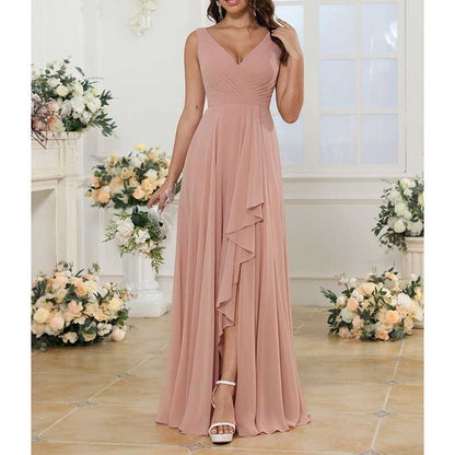 Hi-Lo V Neck Bridesmaid Dresses A-line Formal Evening Gowns with Pockets