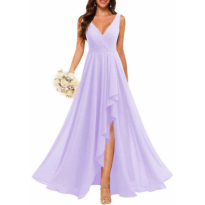 Hi-Lo V Neck Bridesmaid Dresses A-line Formal Evening Gowns with Pockets