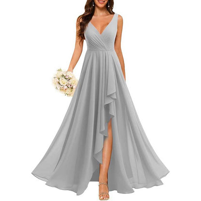 Hi-Lo V Neck Bridesmaid Dresses A-line Formal Evening Gowns with Pockets