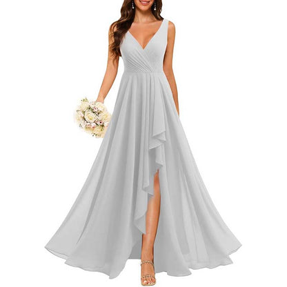 Hi-Lo V Neck Bridesmaid Dresses A-line Formal Evening Gowns with Pockets