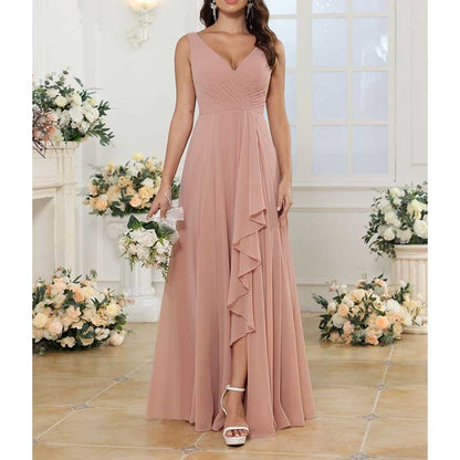 Hi-Lo V Neck Bridesmaid Dresses A-line Formal Evening Gowns with Pockets