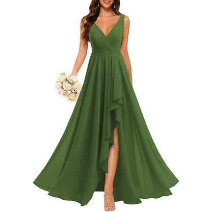 Hi-Lo V Neck Bridesmaid Dresses A-line Formal Evening Gowns with Pockets