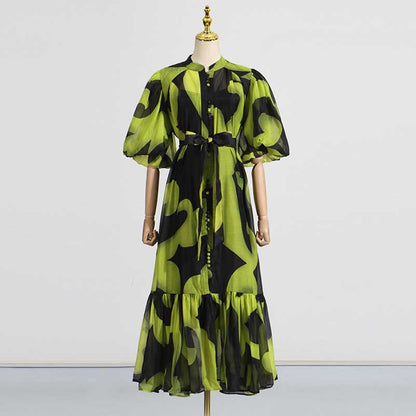 High Neck Floral Midi Dress Short Sleeves