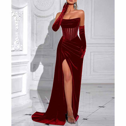 Sweetheart Neck Corset High Split Velvet Long Evening Dress