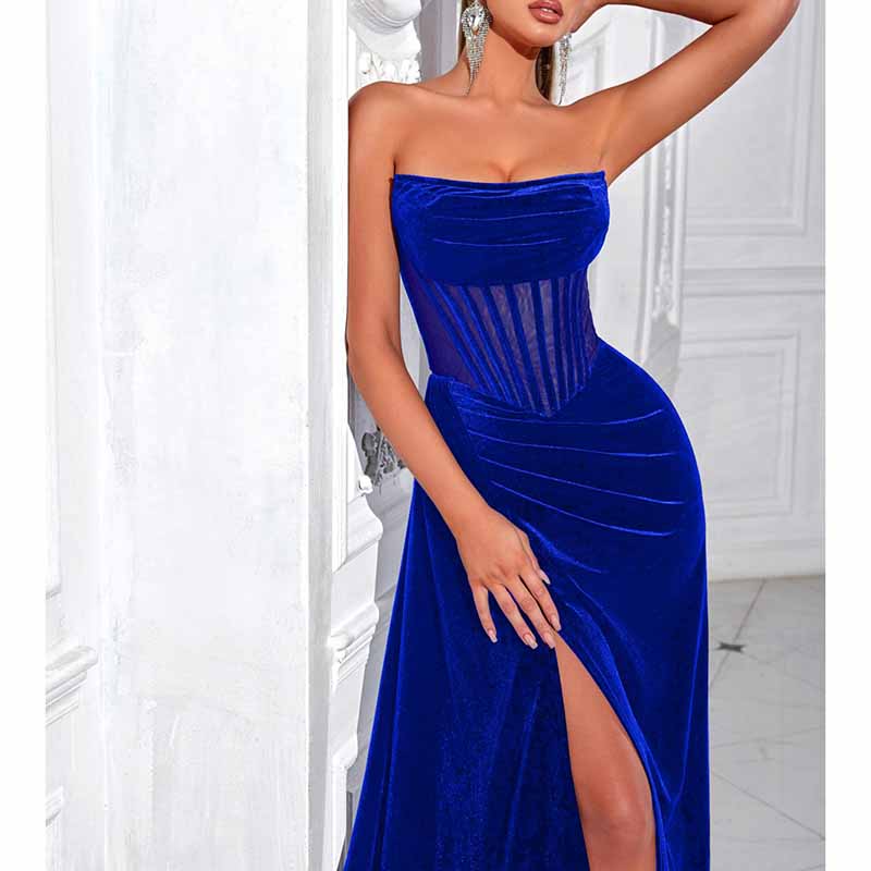 Sweetheart Neck Corset High Split Velvet Long Evening Dress