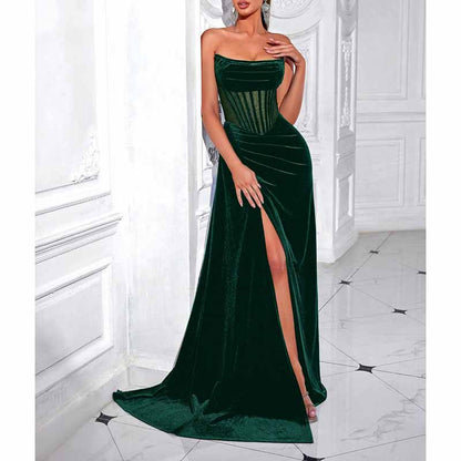 Sweetheart Neck Corset High Split Velvet Long Evening Dress