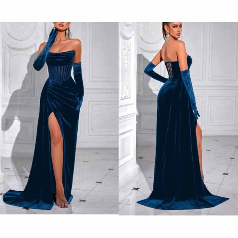 Sweetheart Neck Corset High Split Velvet Long Evening Dress