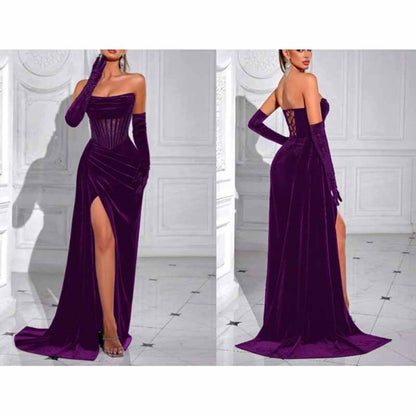 Sweetheart Neck Corset High Split Velvet Long Evening Dress