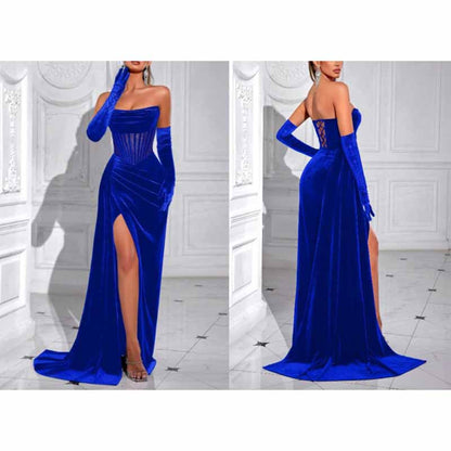 Sweetheart Neck Corset High Split Velvet Long Evening Dress