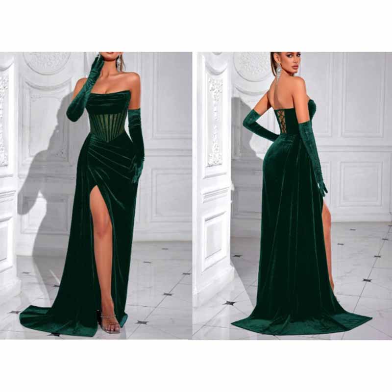Sweetheart Neck Corset High Split Velvet Long Evening Dress