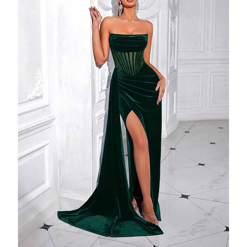 Sweetheart Neck Corset High Split Velvet Long Evening Dress