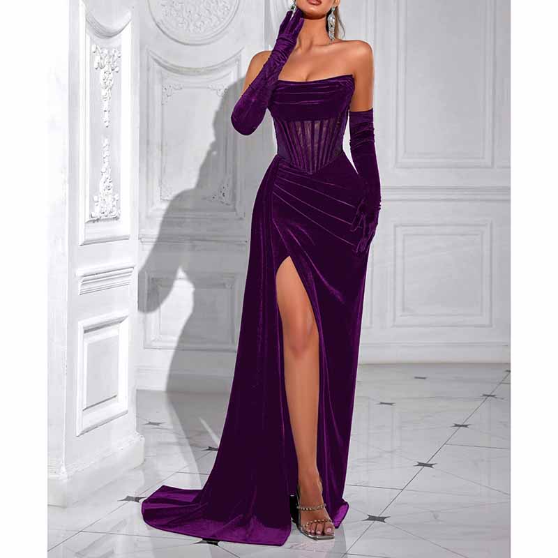 Sweetheart Neck Corset High Split Velvet Long Evening Dress