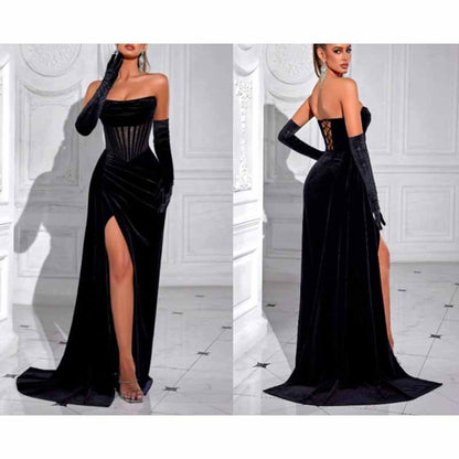 Sweetheart Neck Corset High Split Velvet Long Evening Dress