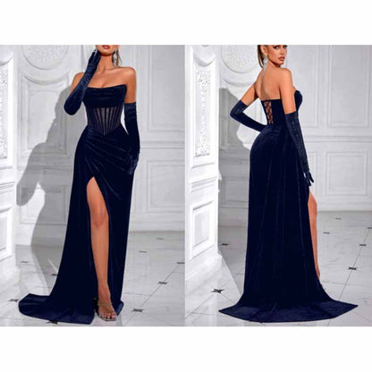 Sweetheart Neck Corset High Split Velvet Long Evening Dress