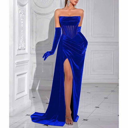 Sweetheart Neck Corset High Split Velvet Long Evening Dress