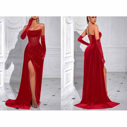 Sweetheart Neck Corset High Split Velvet Long Evening Dress