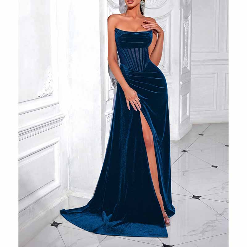Sweetheart Neck Corset High Split Velvet Long Evening Dress